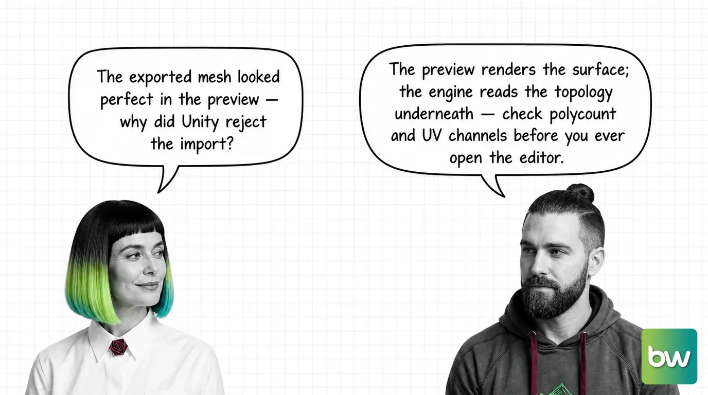 MONA asks: 'The exported mesh looked perfect in the preview — why did Unity reject the import?' MAX answers: 'The preview renders the surface; the engine reads the topology underneath — check polycount and UV channels before you ever open the editor.' — comic dialog.