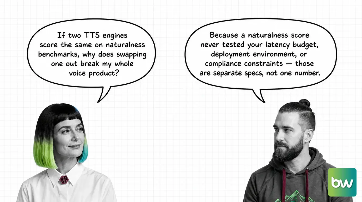 MONA asks: 'If two TTS engines score the same on naturalness benchmarks, why does swapping one out break my whole voice product?' MAX answers: 'Because a naturalness score never tested your latency budget, deployment environment, or compliance constraints — those are separate specs, not one number.' — comic dialog.