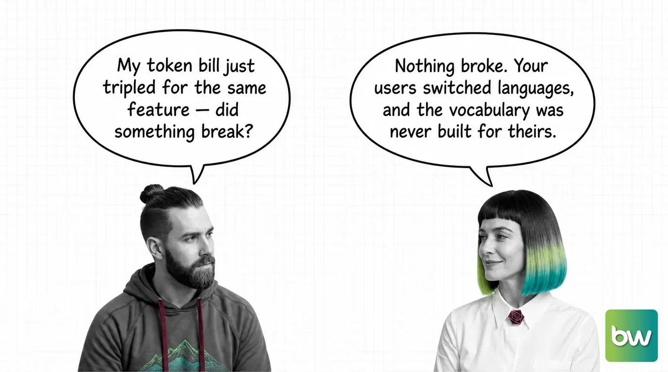 MAX asks: 'My token bill just tripled for the same feature — did something break?' MONA answers: 'Nothing broke. Your users switched languages, and the vocabulary was never built for theirs.' — comic dialog.