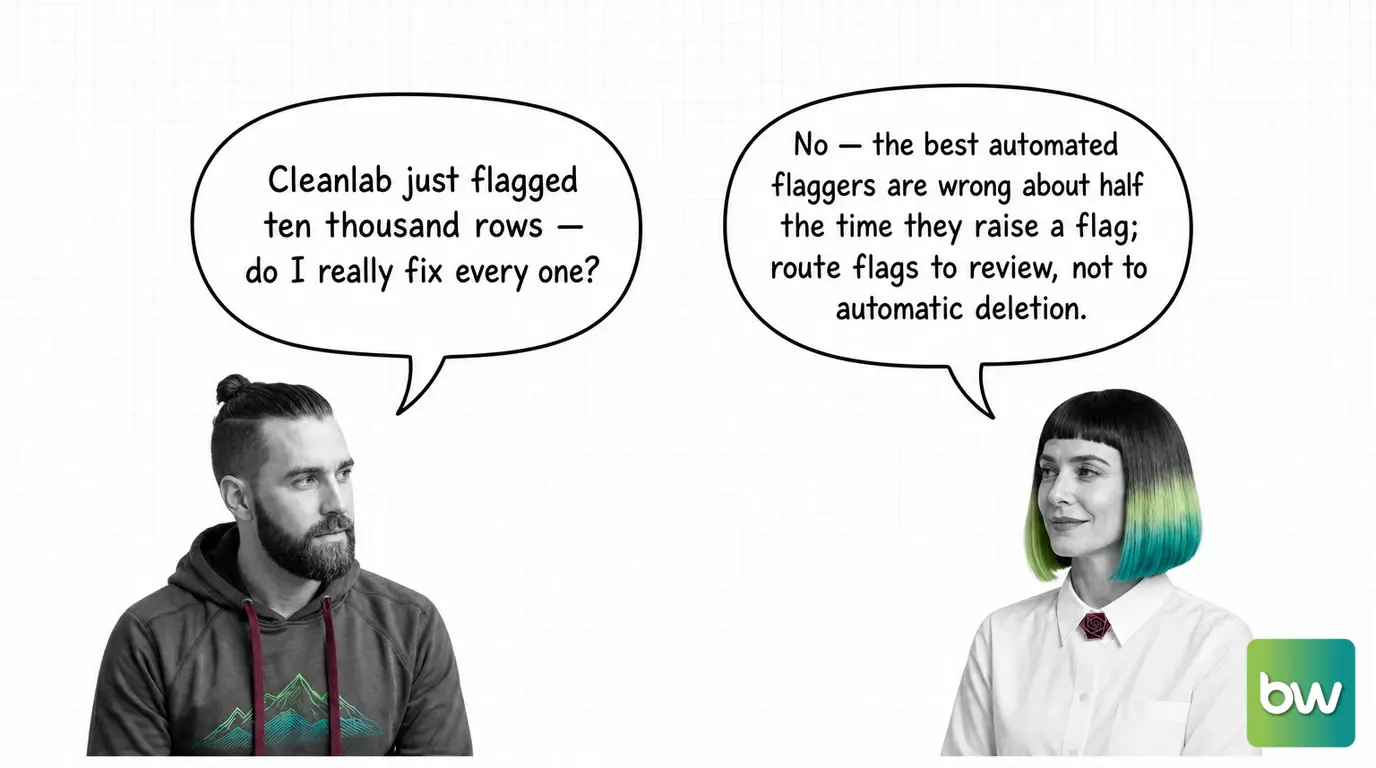 MAX asks: 'Cleanlab just flagged ten thousand rows — do I really fix every one?' MONA answers: 'No — the best automated flaggers are wrong about half the time they raise a flag; route flags to review, not to automatic deletion.' — comic dialog.