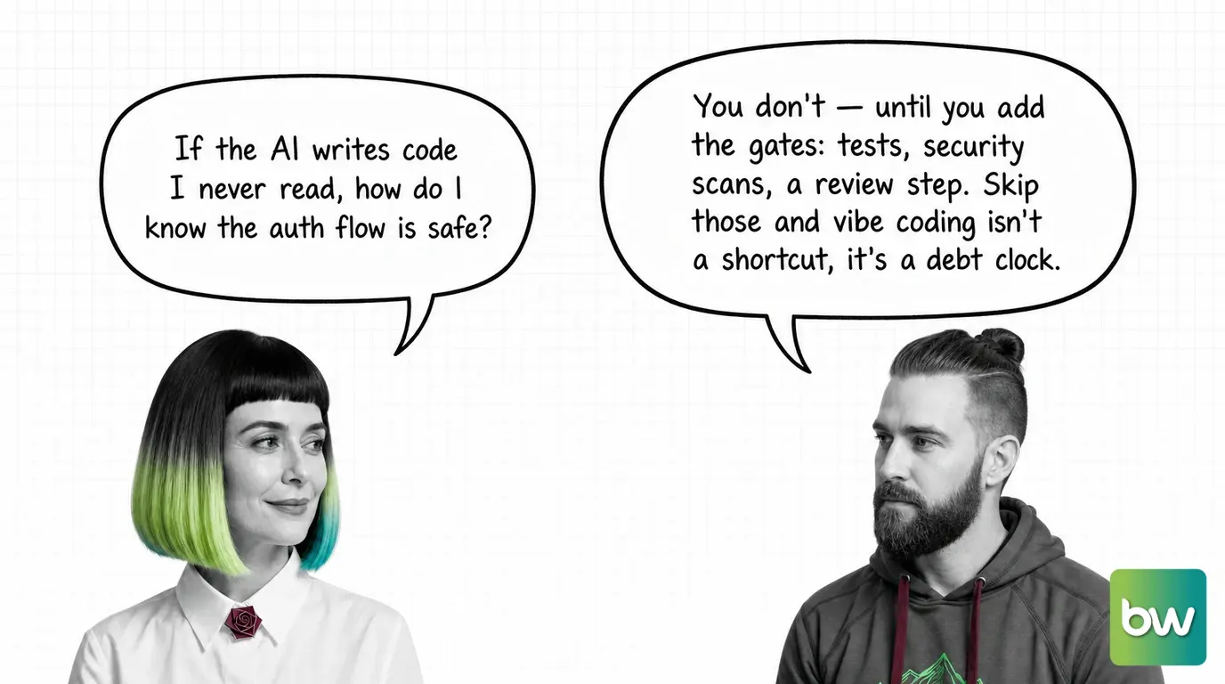 MONA asks: 'If the AI writes code I never read, how do I know the auth flow is safe?' MAX answers: 'You don't — until you add the gates: tests, security scans, a review step. Skip those and vibe coding isn't a shortcut, it's a debt clock.' — comic dialog.