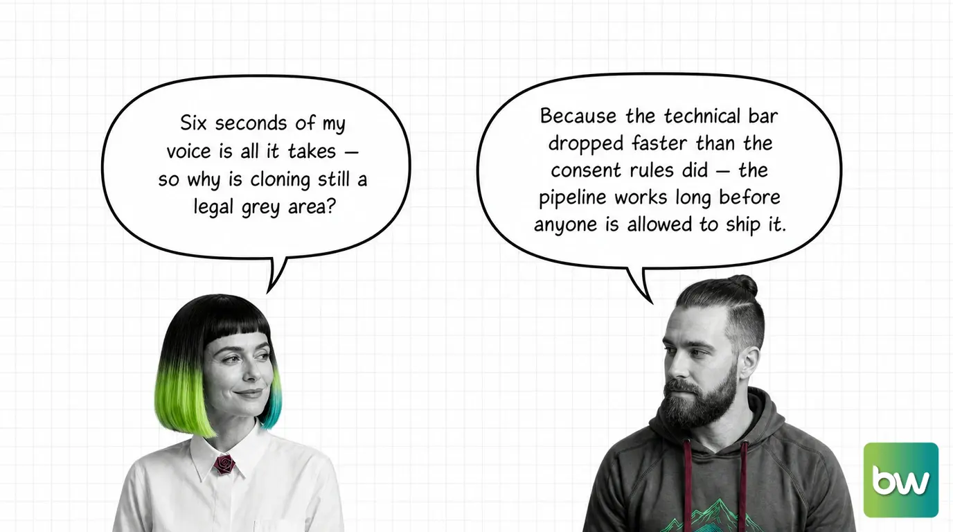MONA asks: 'Six seconds of my voice is all it takes — so why is cloning still a legal grey area?' MAX answers: 'Because the technical bar dropped faster than the consent rules did — the pipeline works long before anyone is allowed to ship it.' — comic dialog.